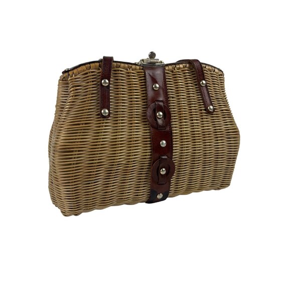 Vintage Handbags - Vintage 50s Wicker Bag Beige Brown Leather Trim Top Handle Handbag AS IS